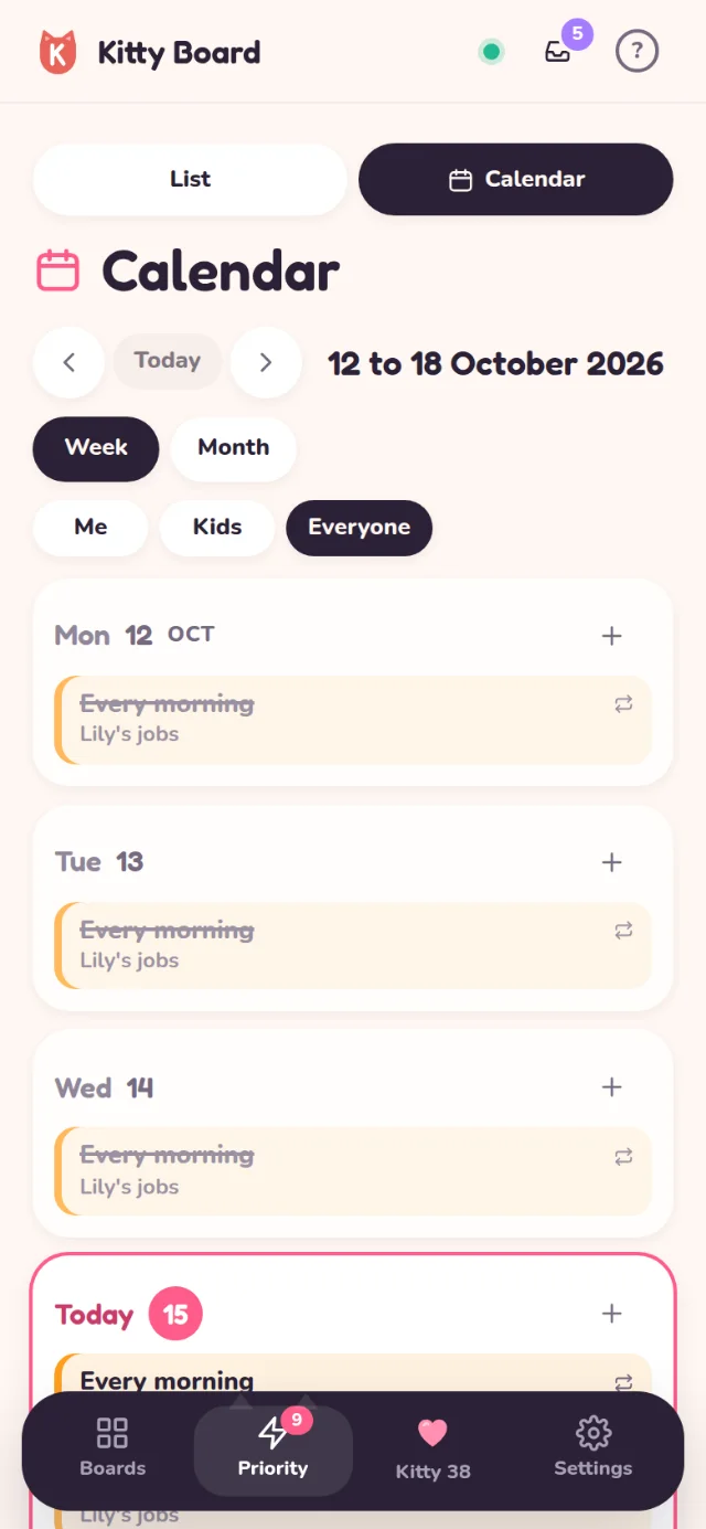 The calendar on a phone: the days of the week one under another, with a List and Calendar switch at the top