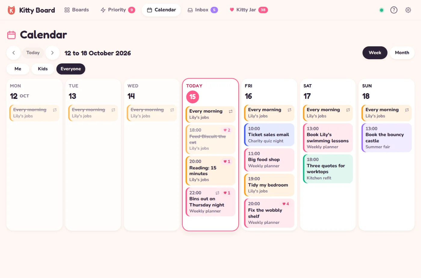 The calendar on a computer: Monday to Sunday in seven columns, today ringed in pink, each job in its board colour with its time and hearts