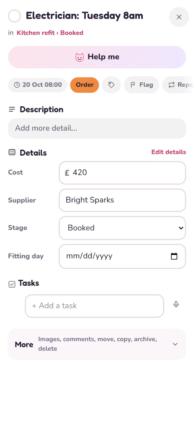 The Electrician: Tuesday 8am card with its Details: Cost £420, Supplier Bright Sparks, Stage Booked and an empty Fitting day