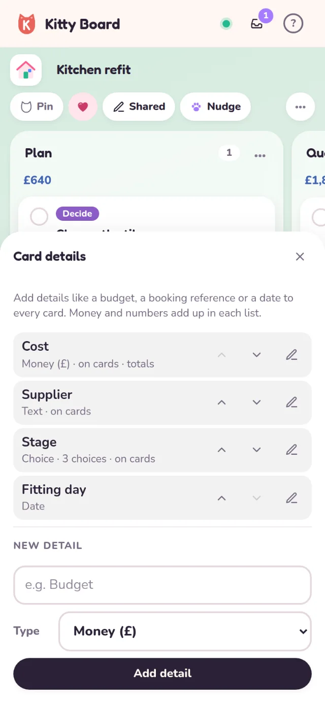 The Card details screen on a phone: Cost (money, on cards, totals), Supplier (text), Stage (a choice of 3) and Fitting day (date), with New detail and Add detail below