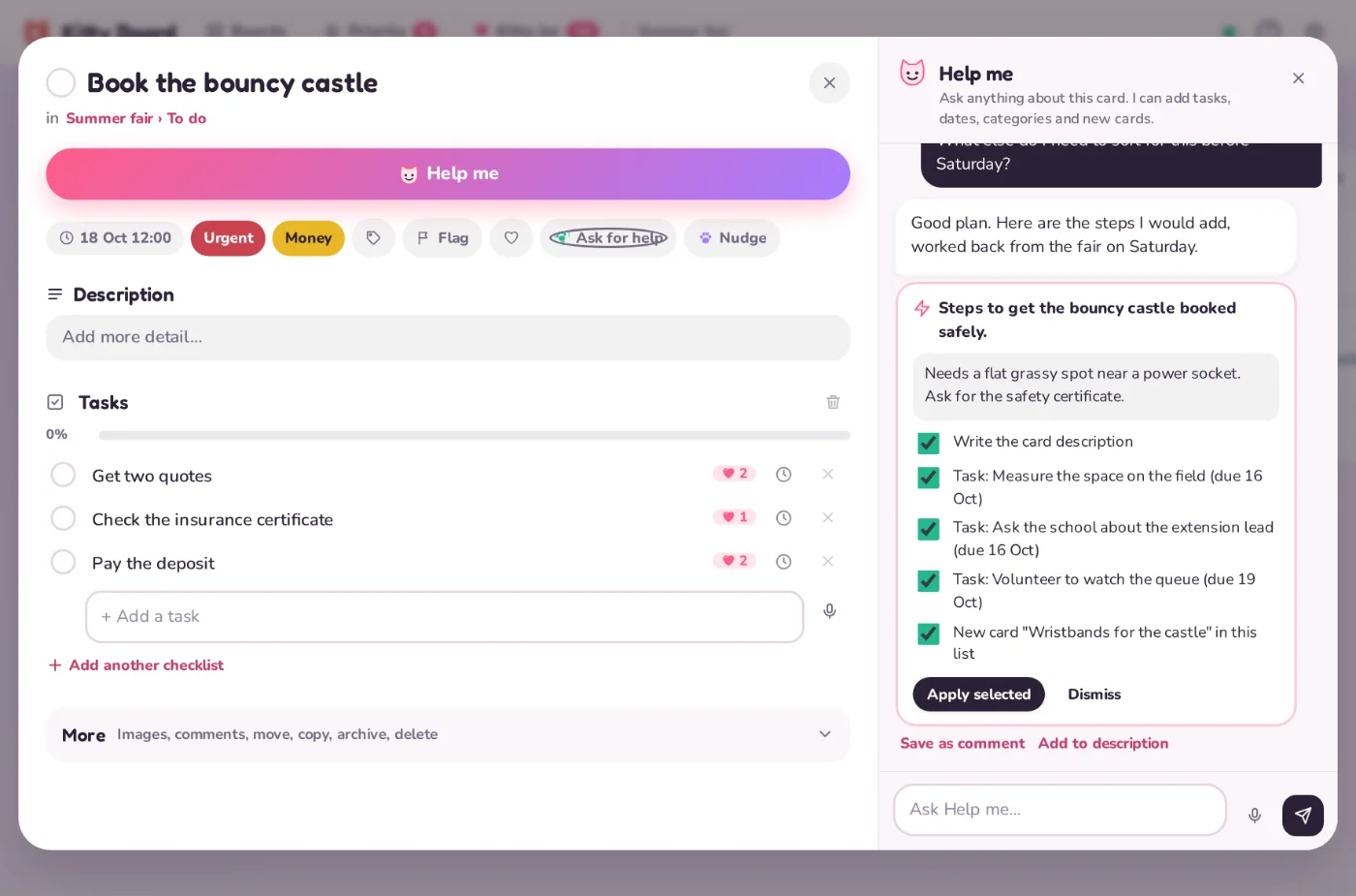 A card called Book the bouncy castle with Help me open beside it, suggesting three tasks and a new card to add