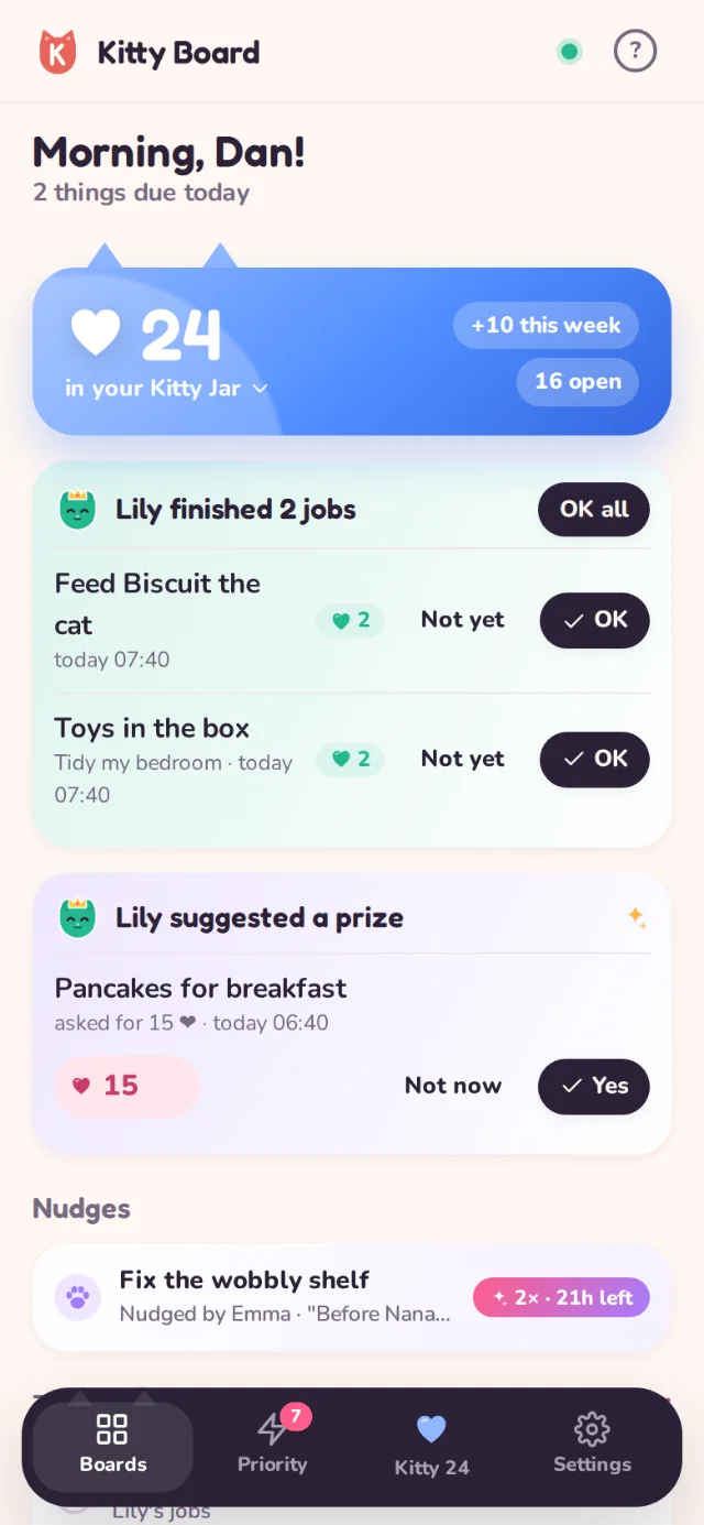 Dan's home screen showing Emma's nudge about Fix the wobbly shelf with double hearts