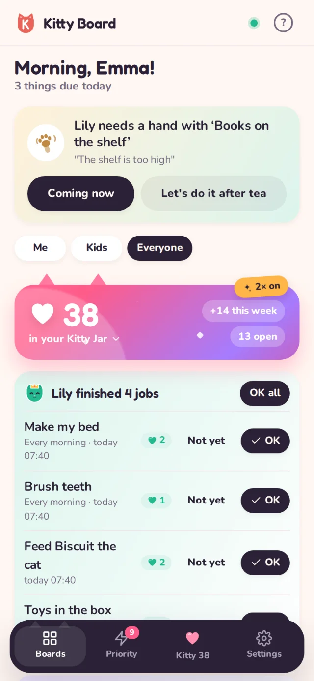 Emma's home with the Me, Kids and Everyone chips under Lily's I need a hand card, and Everyone chosen
