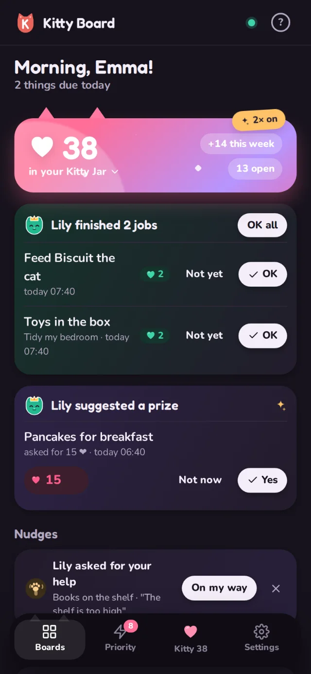 Kitty Board in dark mode on a phone