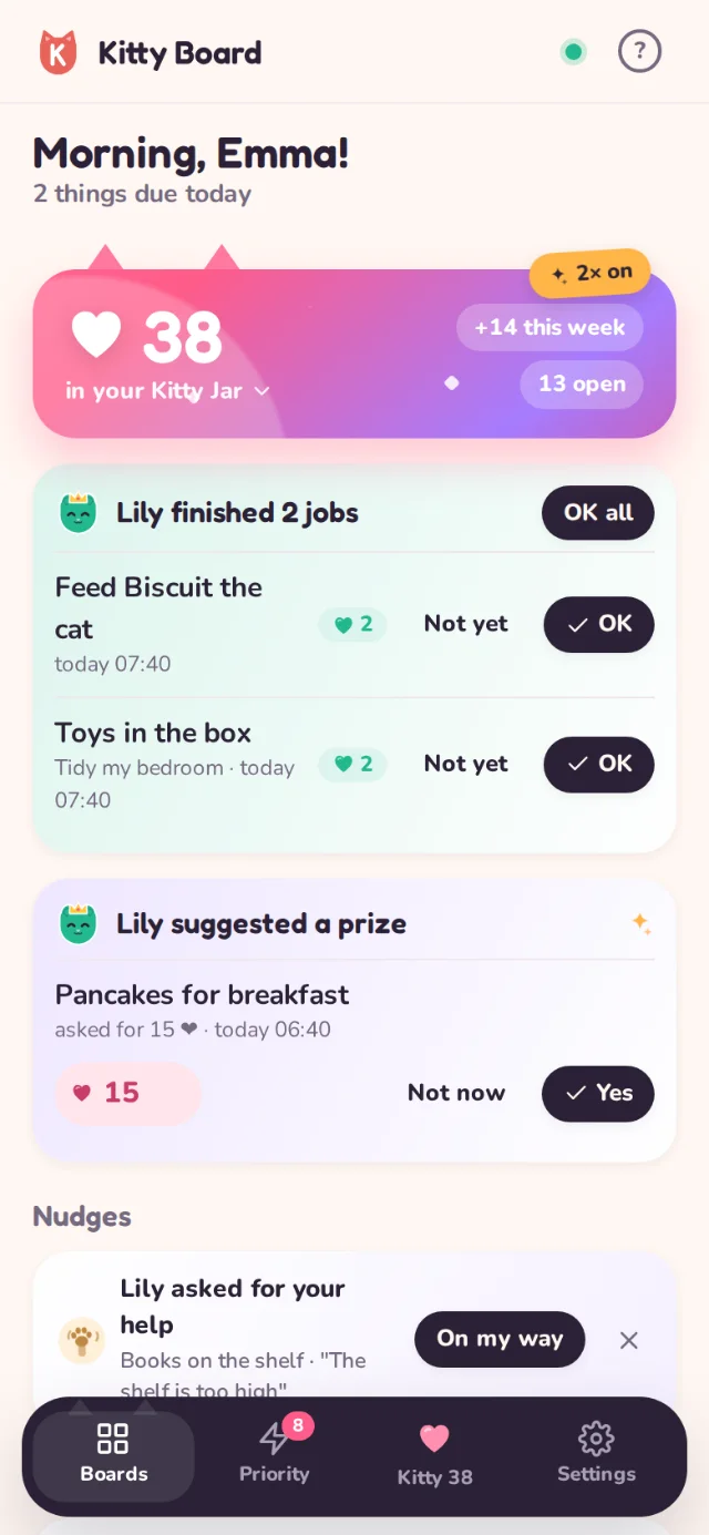 Emma's home screen on a phone: 38 hearts in her Kitty Jar, Lily's two finished jobs waiting for an OK and Lily's prize idea