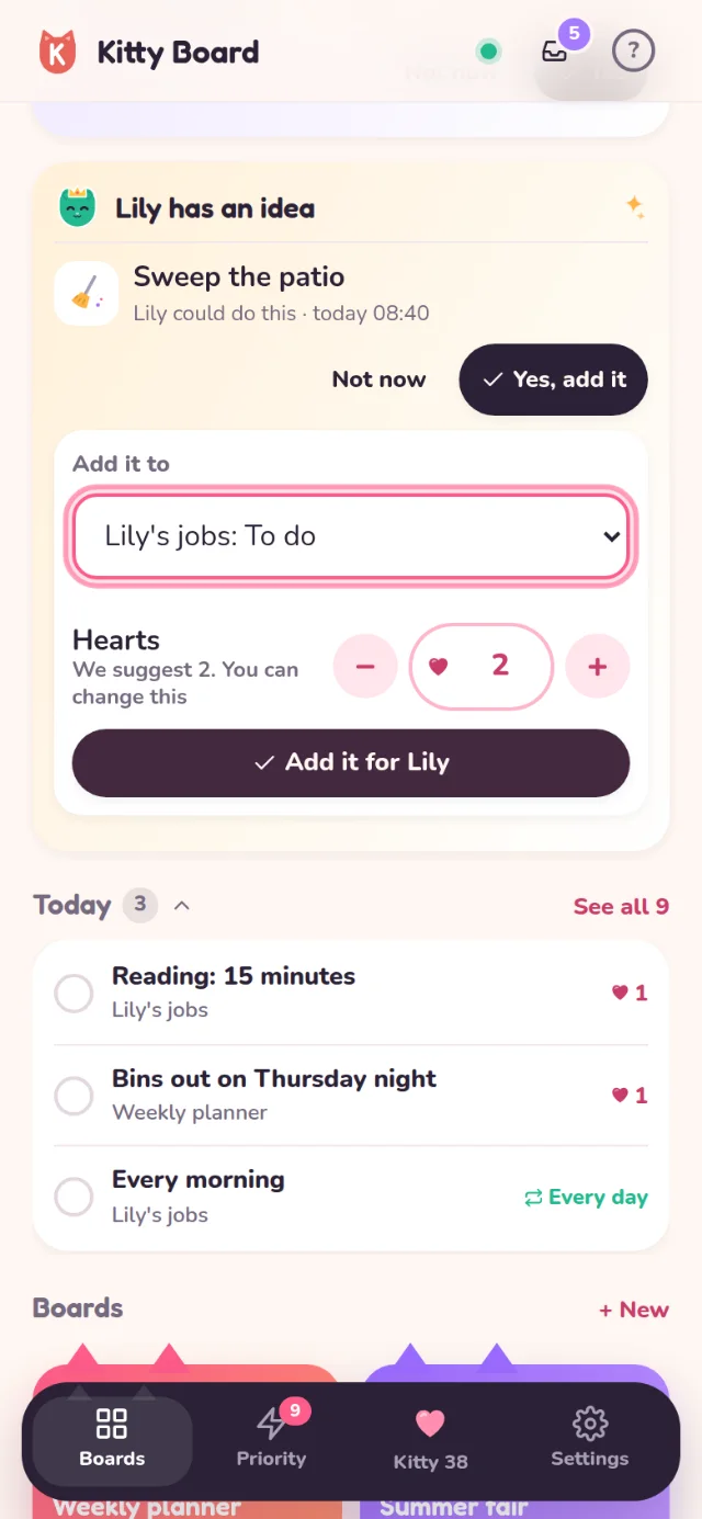 Emma's home: Lily could sweep the patio, with Yes, add it open: Add it to Lily's jobs, To do, 2 hearts suggested, and Add it for Lily