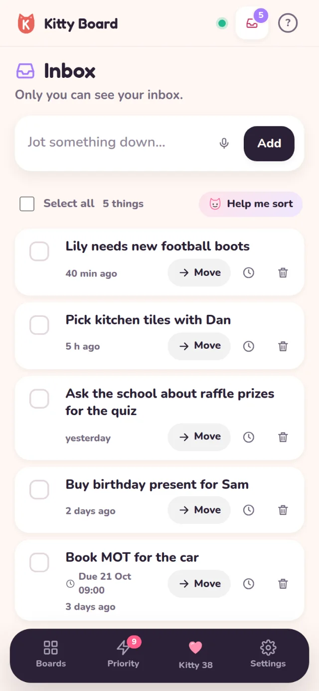 The Inbox on a phone: a big box to jot things down, and five things waiting, each with Move, a due date button and delete