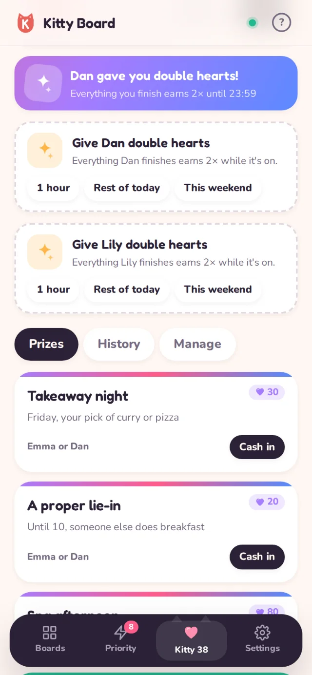 The Kitty Jar screen with Give Dan double hearts and Give Lily double hearts, each for an hour, the rest of today or this weekend