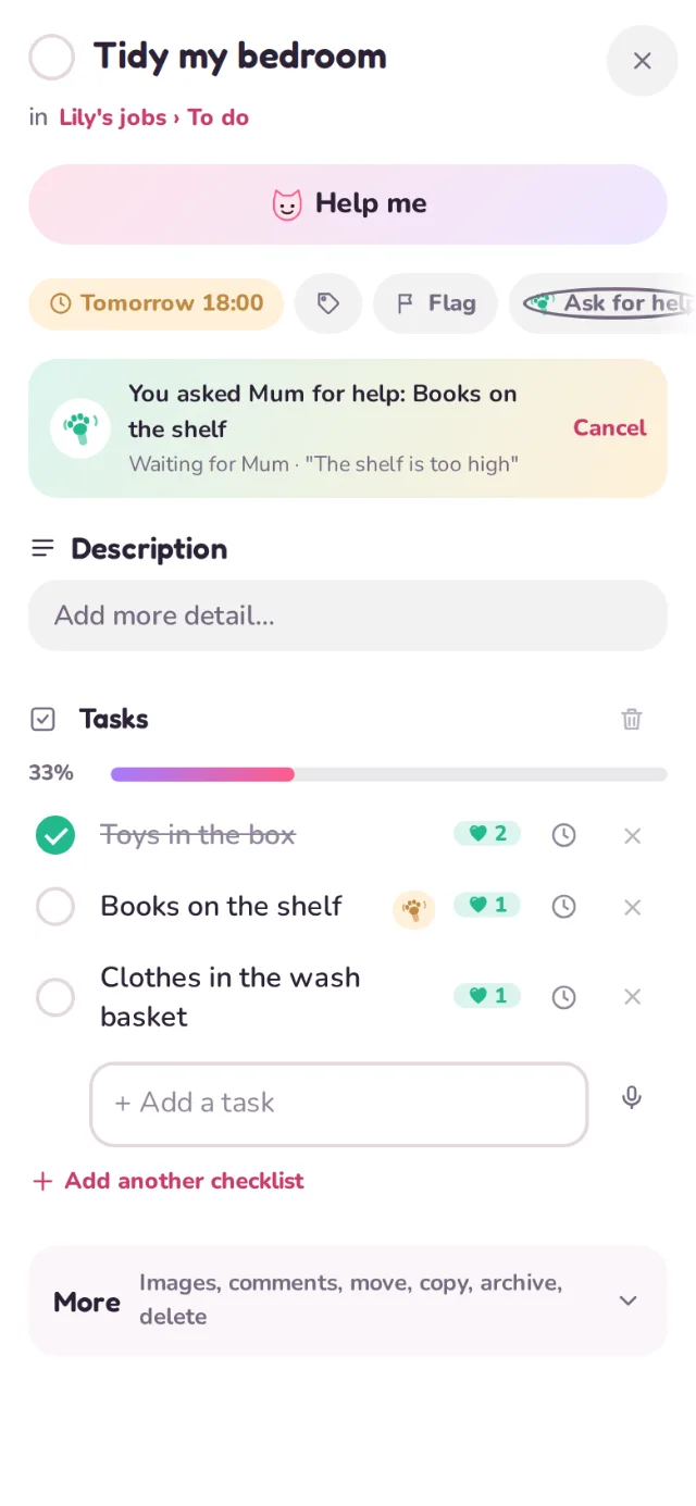 Lily's Tidy my bedroom card: she has asked Mum for help with Books on the shelf