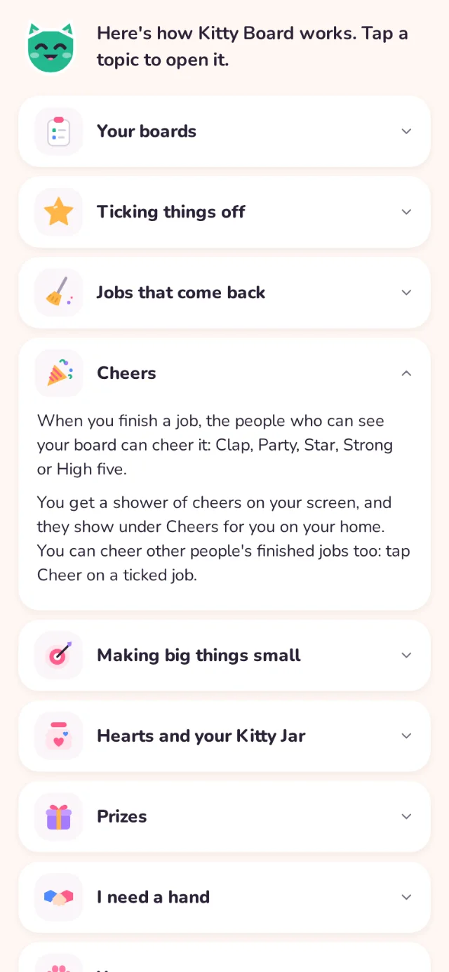 Lily's help guide, with Cheers open: the people who can see your board can cheer your finished jobs