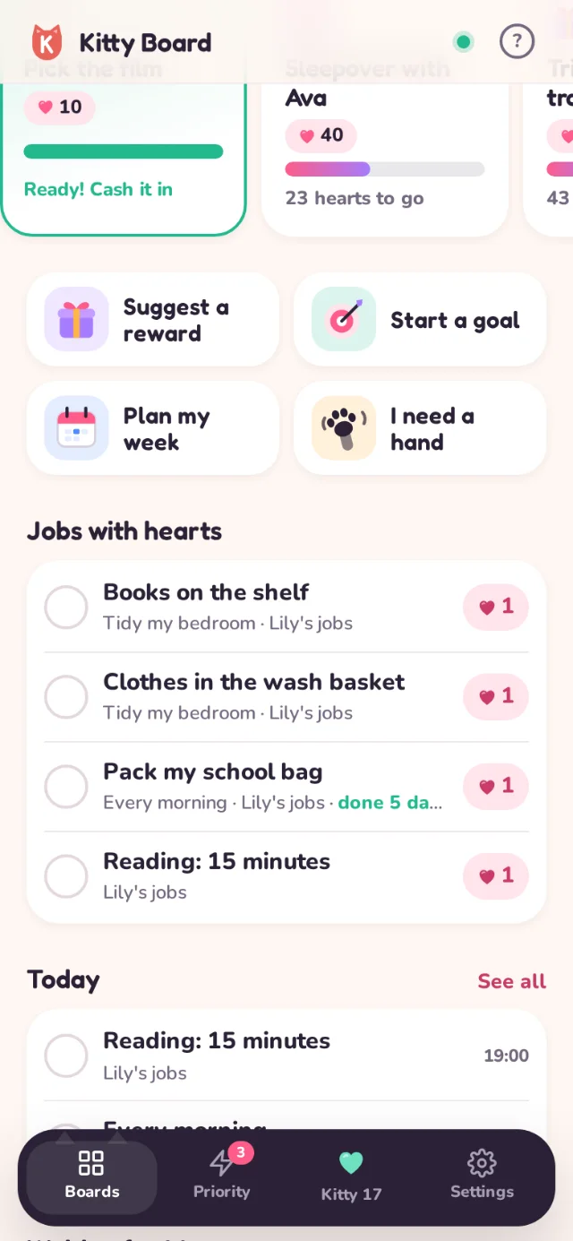 Further down Lily's home: her prizes, Suggest a reward, Start a goal, Plan my week, I need a hand, and her jobs with hearts