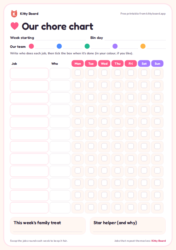 Preview of the blank chore chart from Kitty Board, an A4 printable
