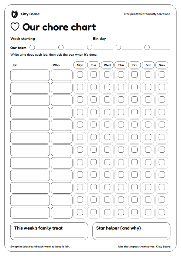 Preview of the ink saver (black and white) from Kitty Board, an A4 printable