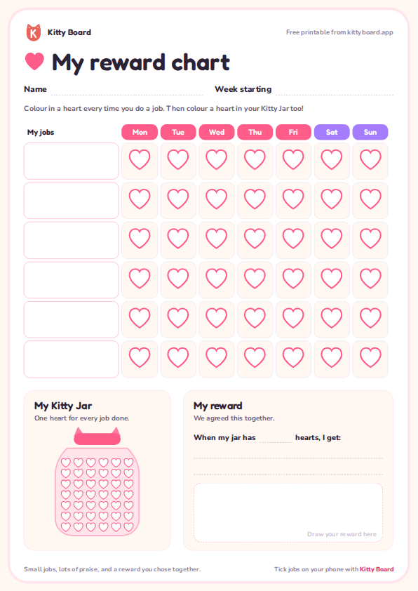 Preview of the blank reward chart from Kitty Board, an A4 printable