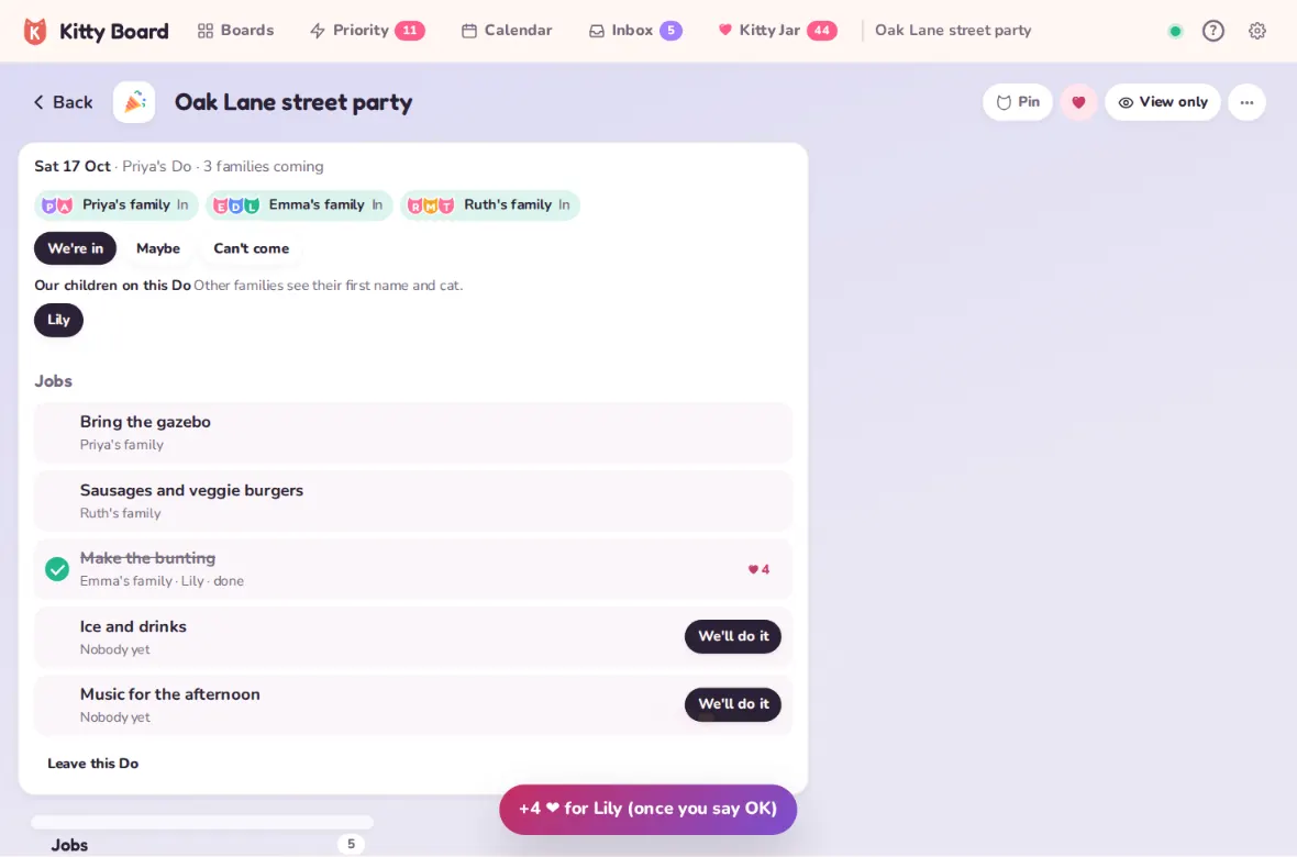 The Oak Lane street party Do on a computer: three families in, Make the bunting ticked by Lily with 4 hearts waiting for an OK, and Ice and drinks still free to take