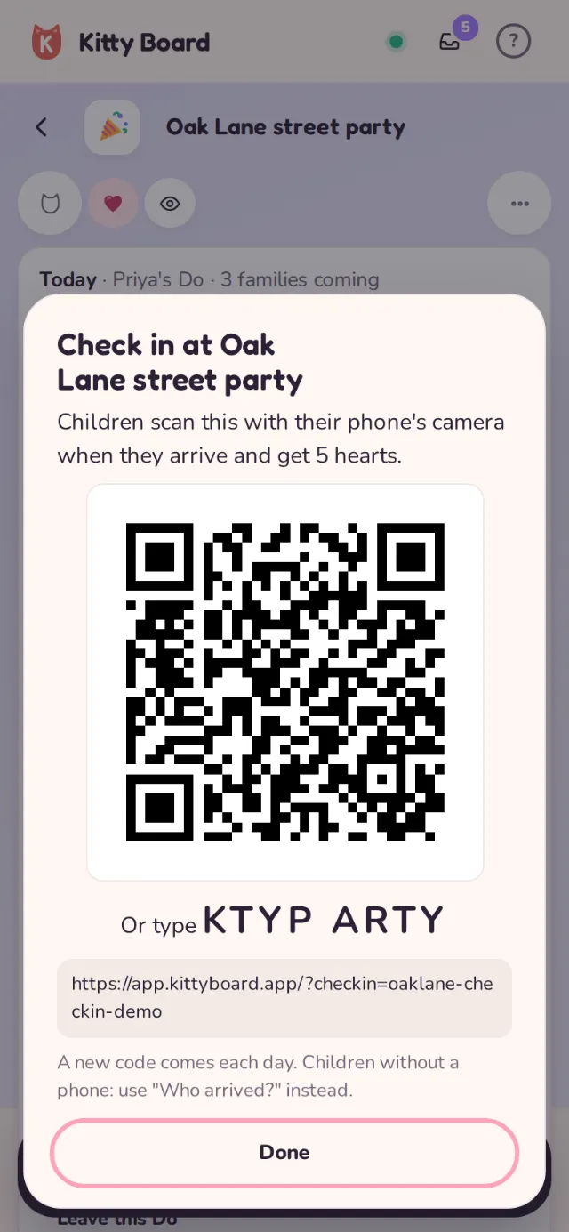 The check-in code for the Oak Lane street party, with 5 hearts for arriving